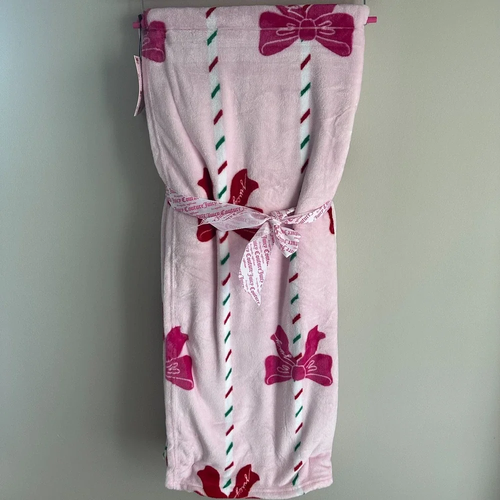 New Juicy Couture Christmas Pink Candy Cane Mint Bow Blanket 60x70 Red Green